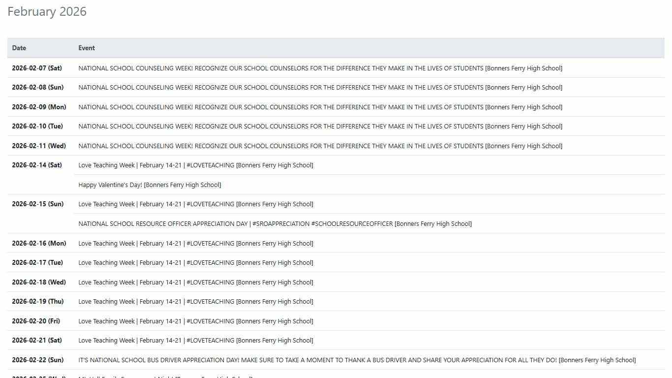 Bonners Ferry High School Print Calendar February 2026