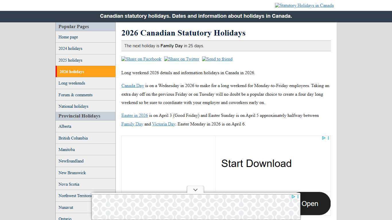 Canadian statutory holidays in 2026